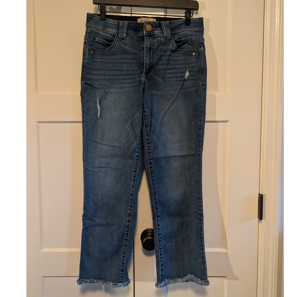Democracy Ab Solution 8 High Rise Slim Straight Crop Jeans Distressed Frayed Hem